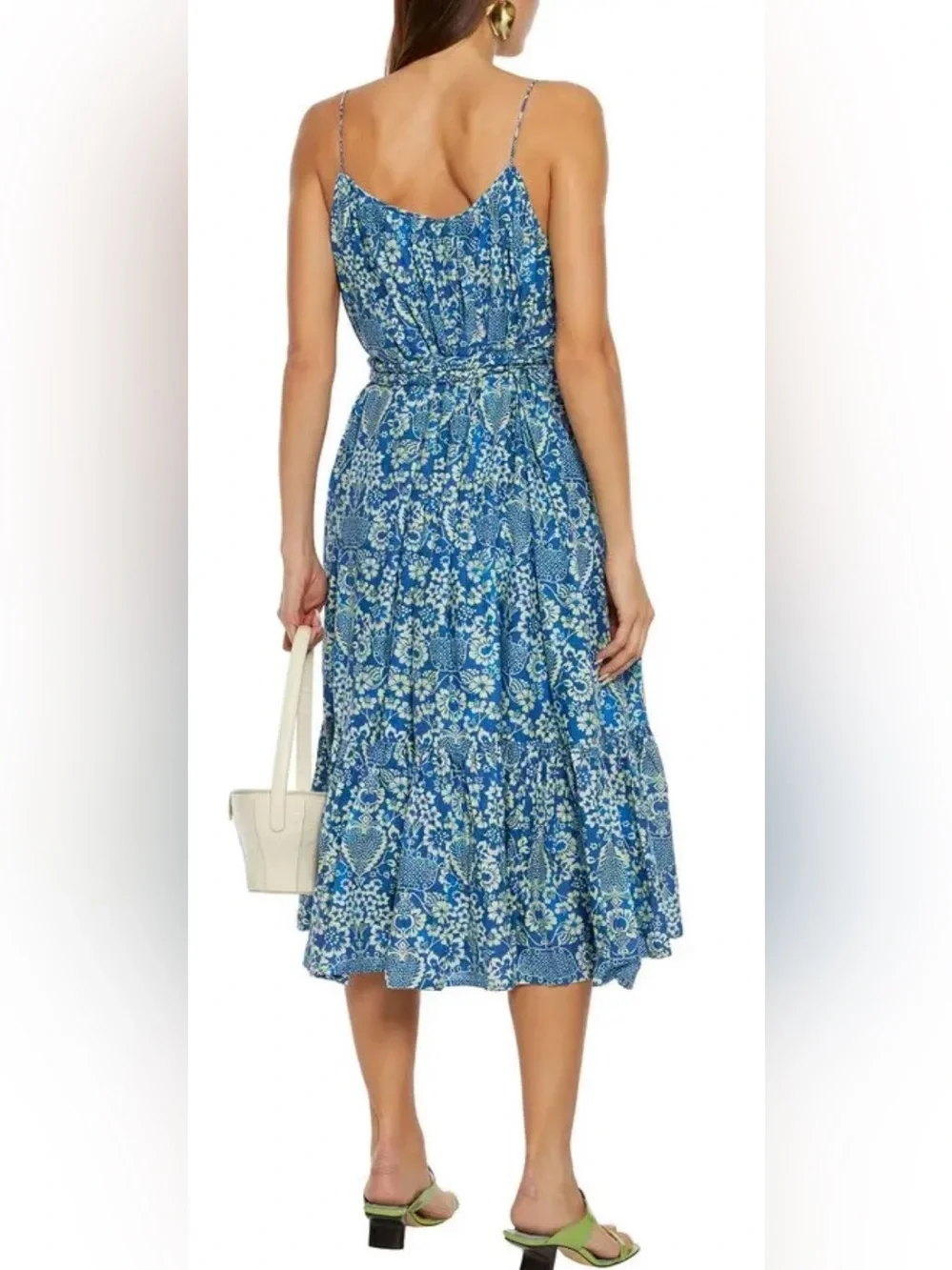 RHODE Lea Belted Blue and Cream Floral Cotton-Poplin Midi Dress XS